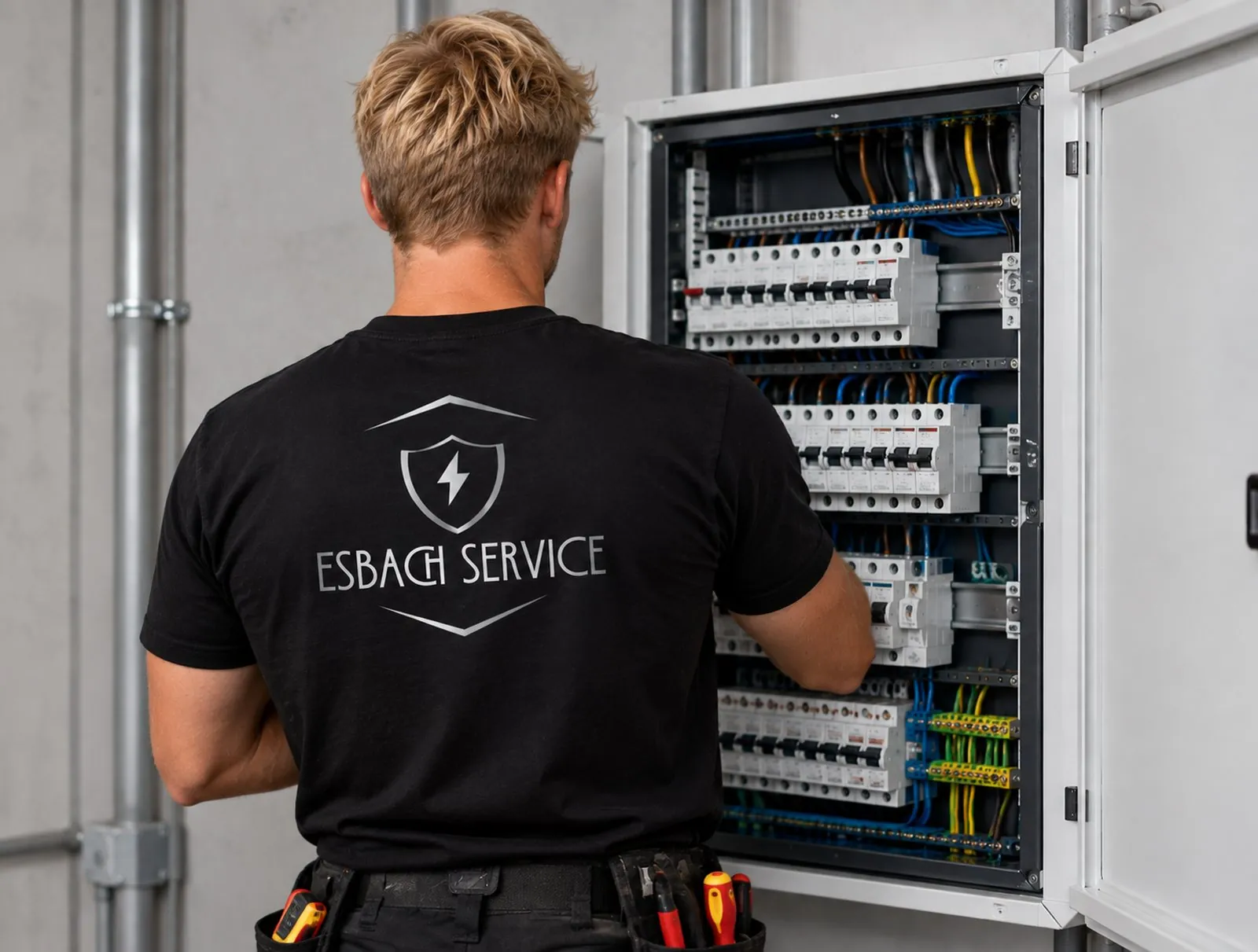 Monteur van Esbach Service aan het werk in een groepenkast