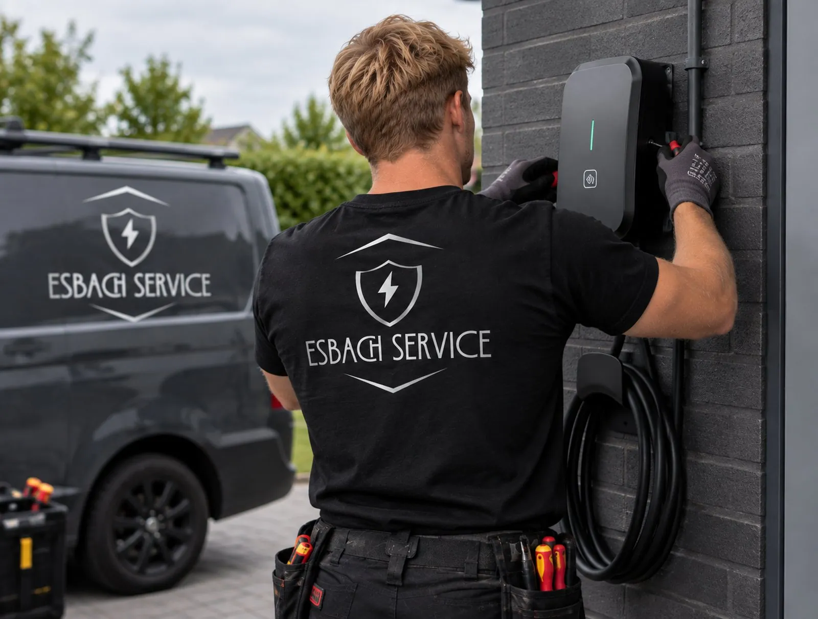 Monteur van Esbach Service in bedrijfsshirt monteert een laadpaal aan de gevel